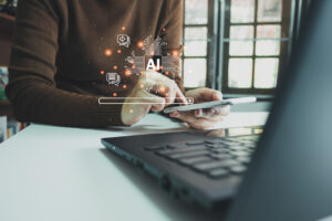 AI technology, Artificial Intelligence, Chatbot Chat and talk with AI, Using laptop for search and find data by command prompt, robot learning machine create or generate picture or article auto