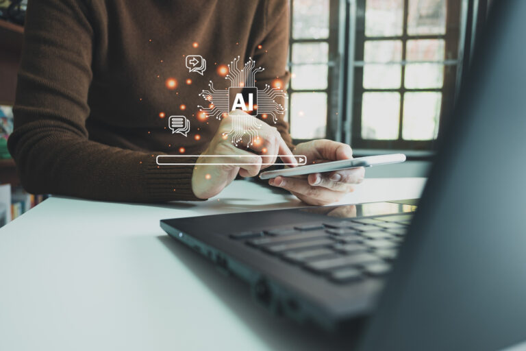 AI technology, Artificial Intelligence, Chatbot Chat and talk with AI, Using laptop for search and find data by command prompt, robot learning machine create or generate picture or article auto